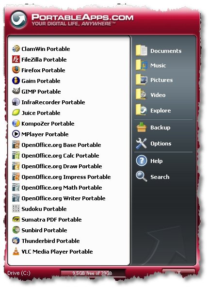 portable apps menu loaded
